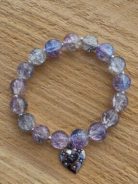 Boho Lavender & Clear Crackle Glass Beaded Bracelet with Celestial Heart Charm